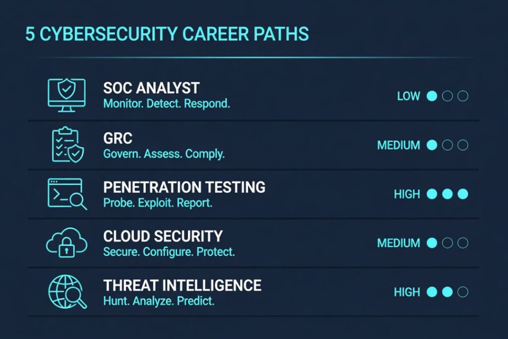 Infographic comparing five entry-level cybersecurity career paths by role type and competition level
