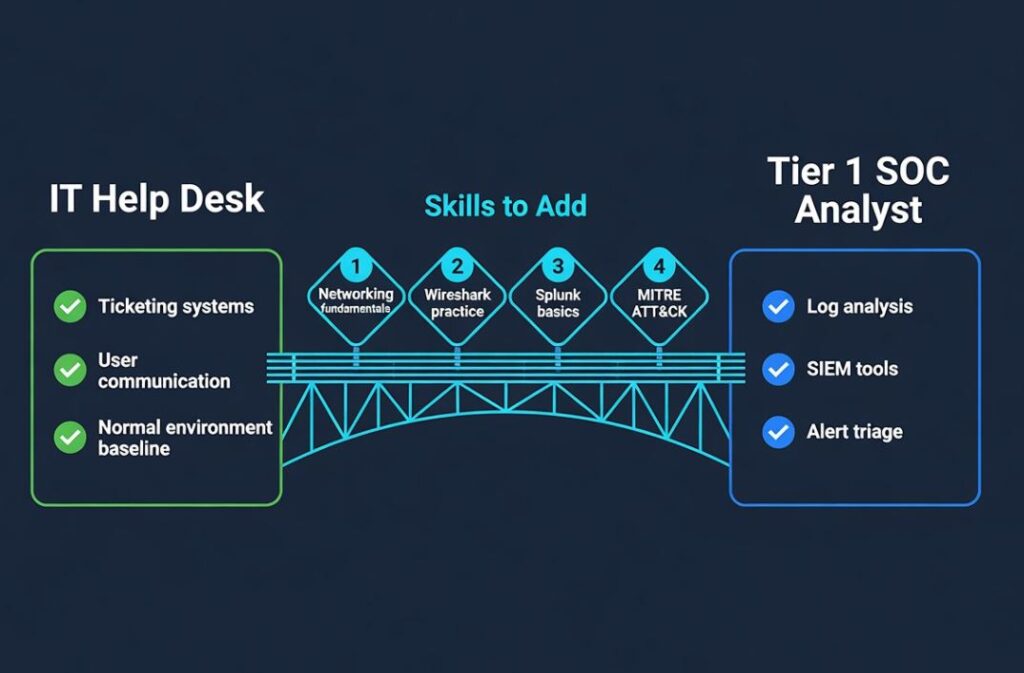 Skill gap bridge diagram showing what IT help desk experience covers and what needs to be added to transition to a Tier 1 SOC analyst role